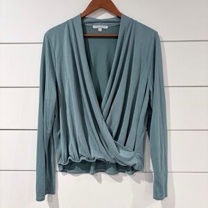 Green Envelope Sage Wrap Top XL Soft Drape Long Sleeve Minimal Chic